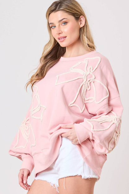 Light Pink Flower Pattern Drop Shoulder Loose Sweatshirt