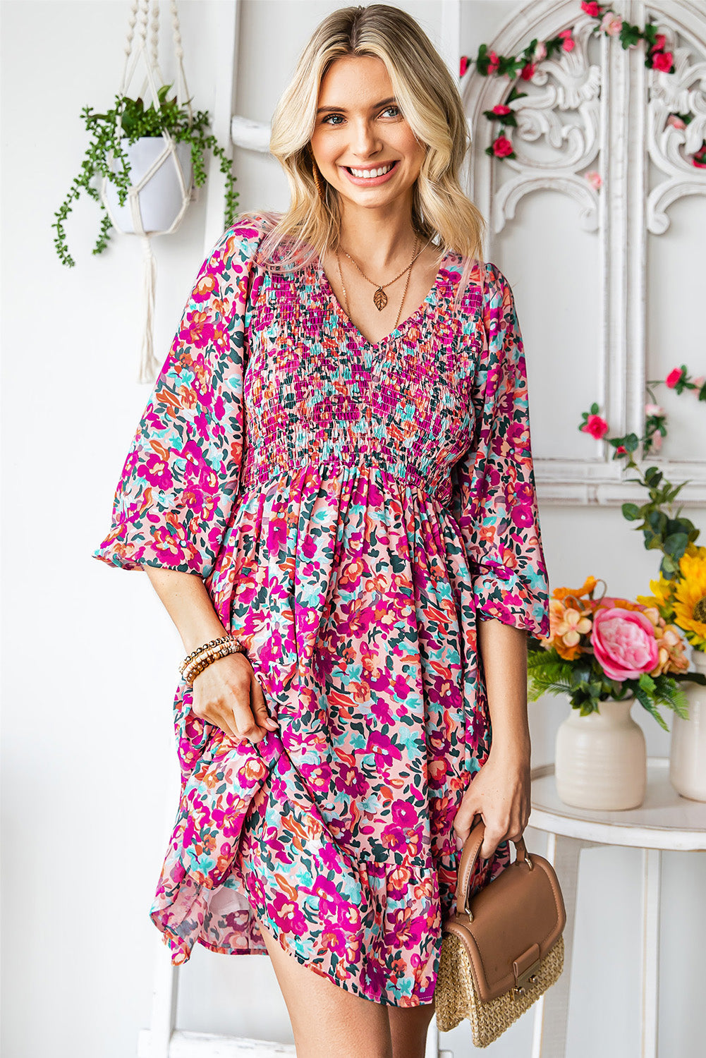 Purple Floral Print Long Sleeve Flounce Hem V Neck Smocked Dress - Eloy Royal