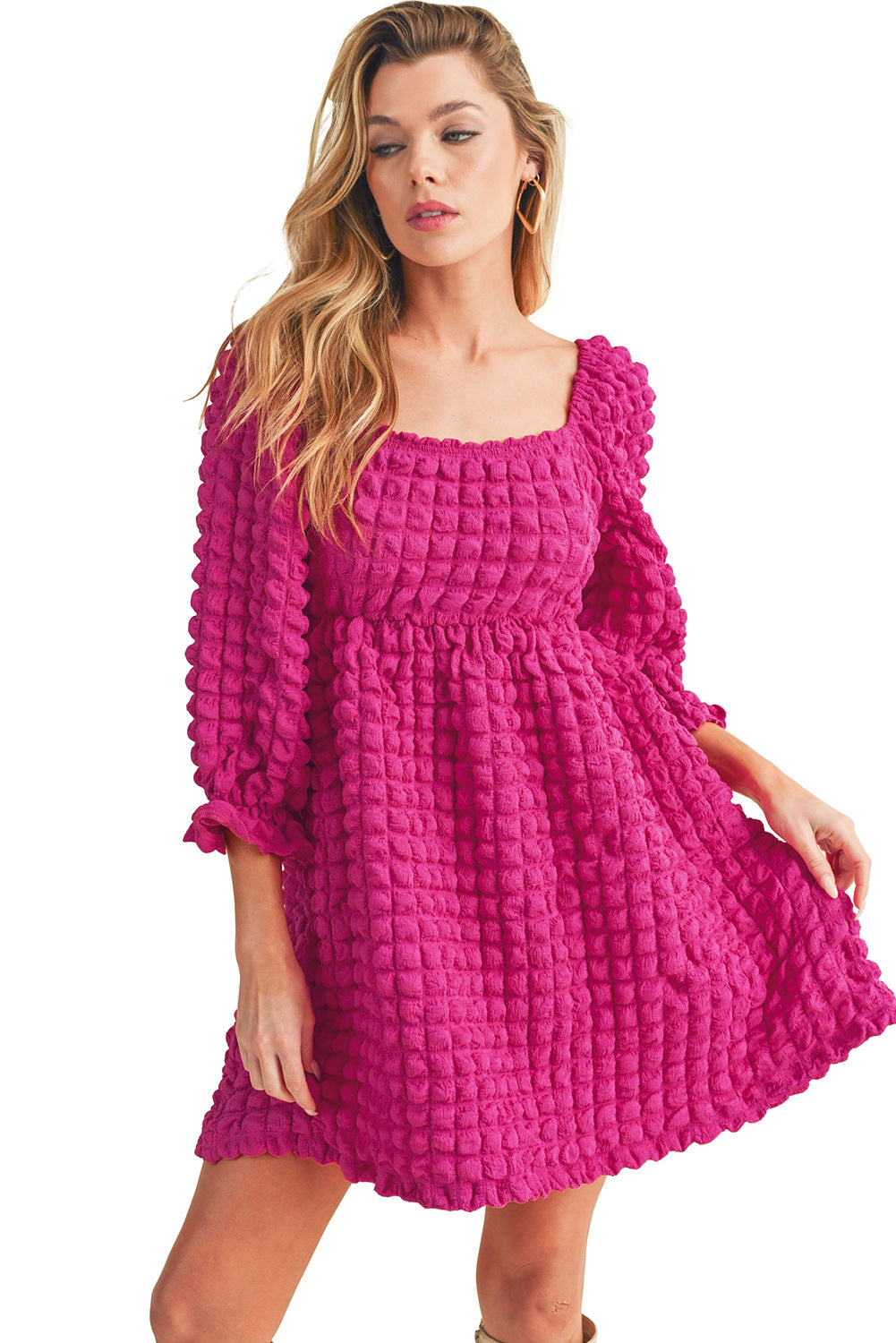 Strawberry Pink Bubble Textured Square Neck Babydoll Dress - Eloy Royal