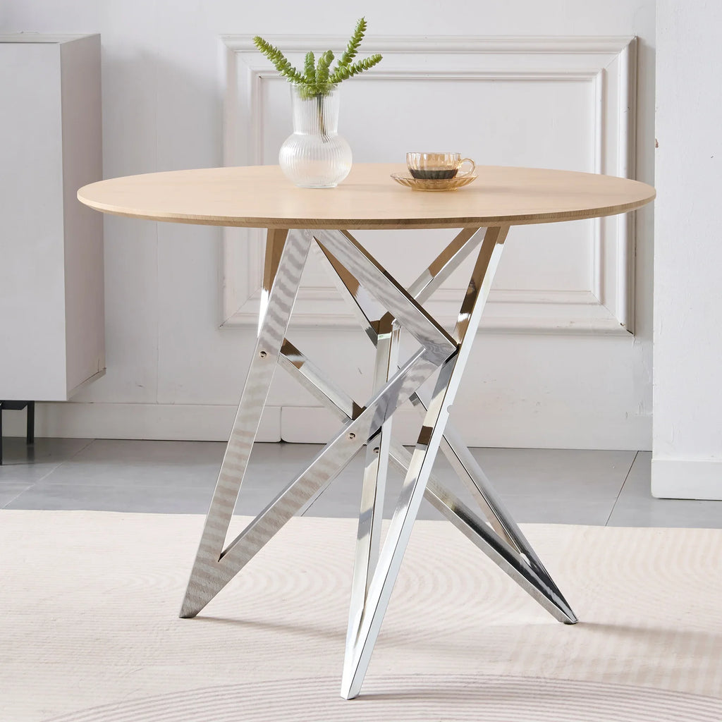 37Inch Round Dining Table, Small Round Kitchen Table With Silver Metal Legs, Suitable For 2 To 4 People, Modern Dining Room Table, Burlywood. - Eloy Royal
