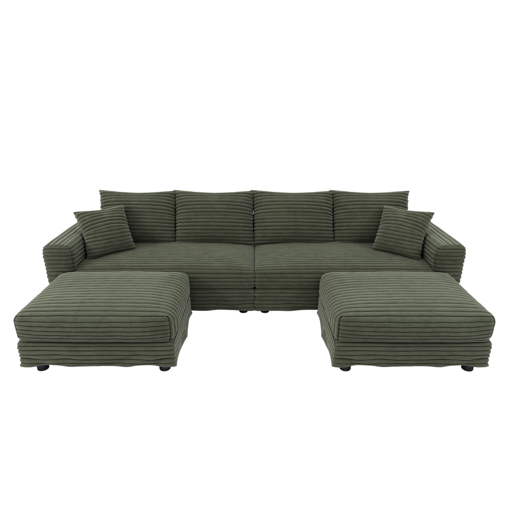 102.4 'Plush Corduroy 4-Seat Sofa,Modern Comfy Upholstered Sofa Cloud Couch,Deep Seat Couches with Soft Pillows and 2 Ottomans,Convertible Sofa Lounge Chair, Green - Eloy Royal