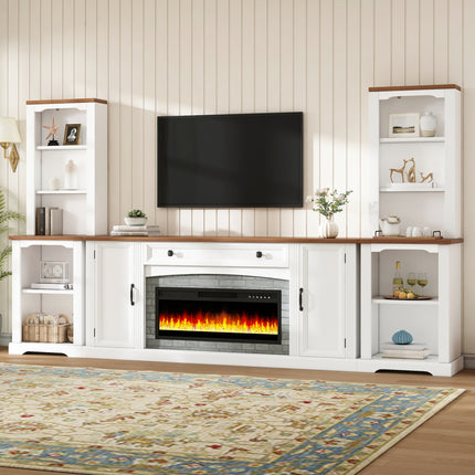 3-Piece Entertainment Center with Mantel - Electric Fireplace Heater for TVs Up to 70', Walnut TV Stand Set with Storage, Farmhouse TV Cabinet with Bookshelves for Living Room, White