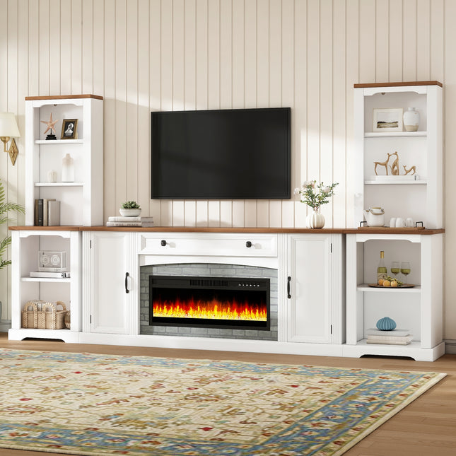 3-Piece Entertainment Center with Mantel - Electric Fireplace Heater for TVs Up to 70', Walnut TV Stand Set with Storage, Farmhouse TV Cabinet with Bookshelves for Living Room, White