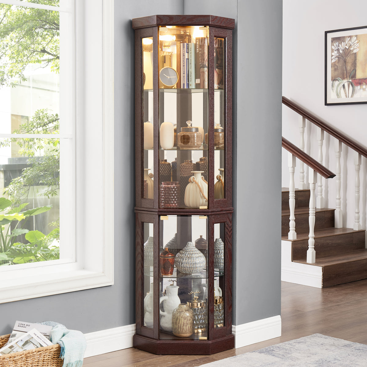 Joanna Lighted Corner Curio Cabinet, Cherry, 70 in H