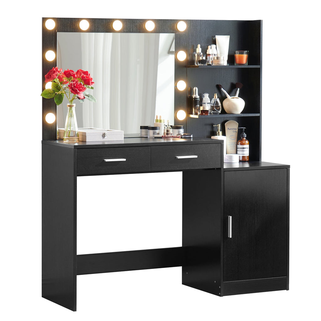 Modern Vanity Desk with Mirror and Lights, 46.4IN Dressing Table, Black MDF Wood, 3-Level Dresser with Adjustable Brightness