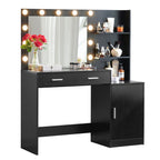 Modern Vanity Desk with Mirror and Lights, 46.4IN Dressing Table, Black MDF Wood, 3-Level Dresser with Adjustable Brightness