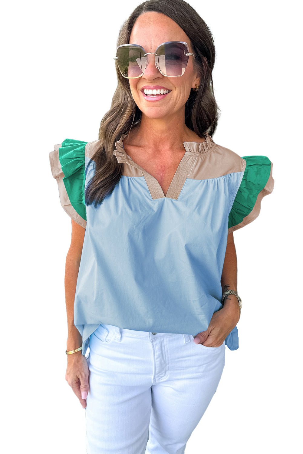 Mist Blue Colorblock Ruffled Sleeve Frill V Neck Blouse - Eloy Royal