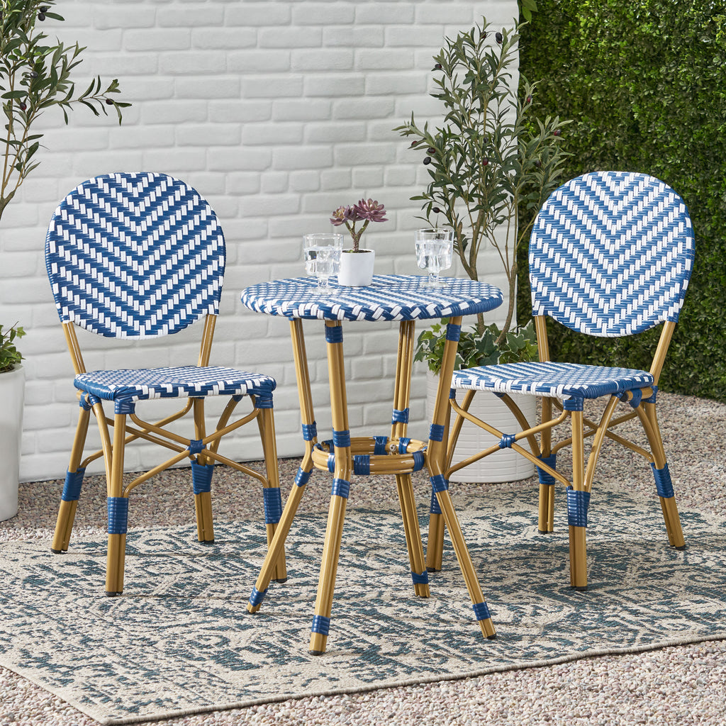 Outdoor Aluminum 3 Piece French Bistro Set, Navy Blue, White, with Bamboo Finish