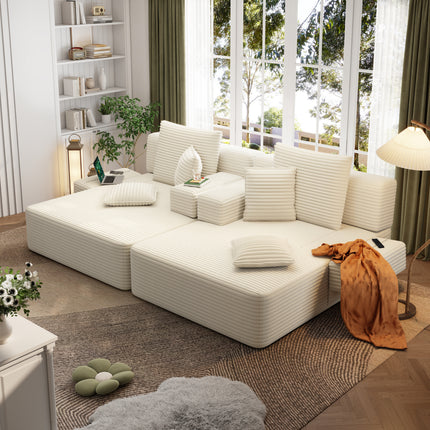Oversized Double Chaise Lounge 2-Piece Set, Luxurious Plush Corduroy Convertible Sofa Bed with 6 Pillows and Storage Pocket, for Small Spaces,Home Theater, Living Room, Beige/White