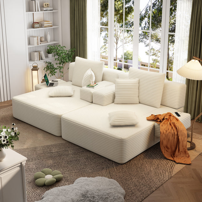 Oversized Double Chaise Lounge 2-Piece Set, Luxurious Plush Corduroy Convertible Sofa Bed with 6 Pillows and Storage Pocket, for Small Spaces,Home Theater, Living Room, Beige/White