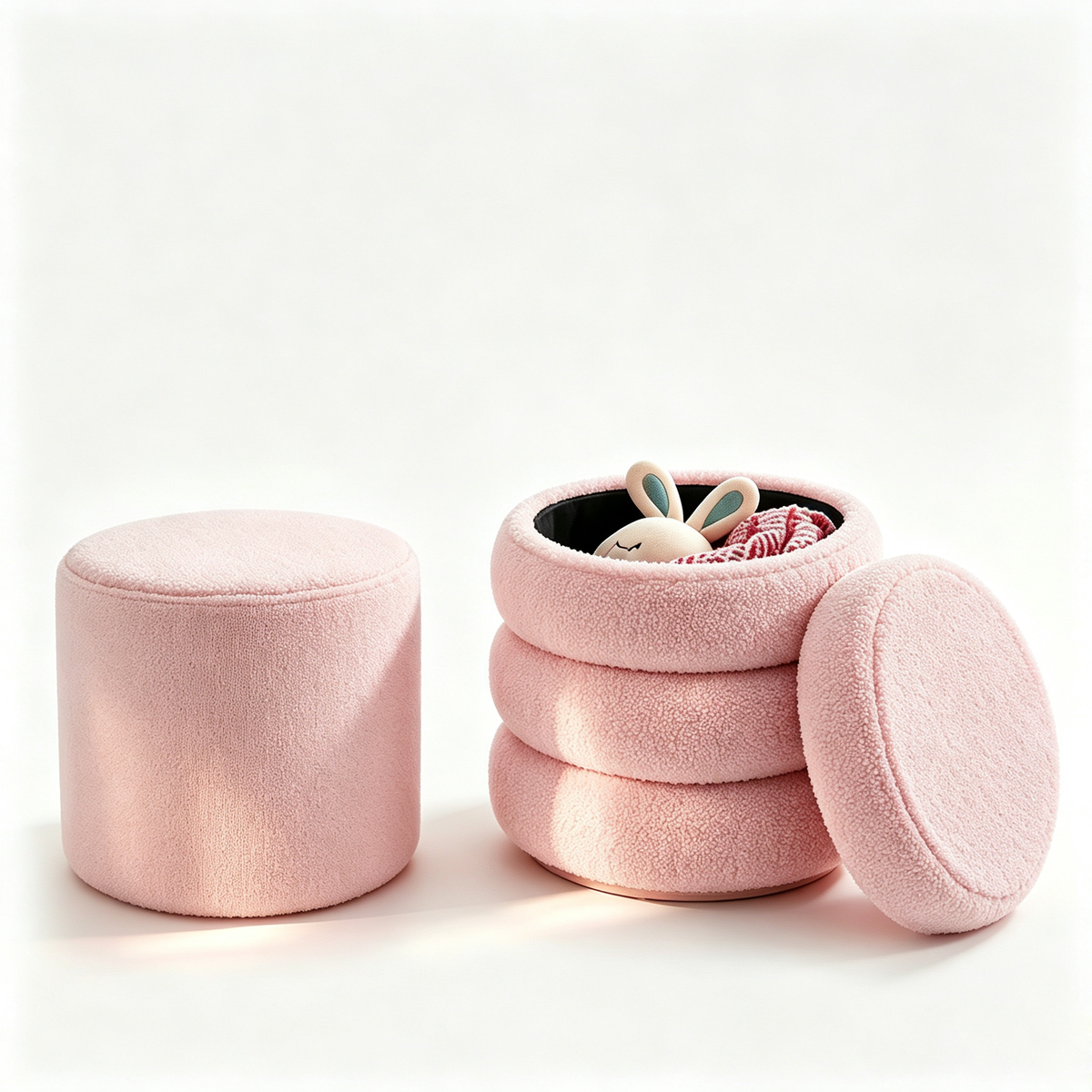 Round Ottoman with Storage Boucle Ottoman (Pink)   Storage Removable Lid for Living Room Modern Vanity Sorage Stool Foot Rest Bedroom Set of 2
