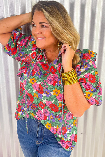 Multicolor Plus Size Floral Print Ruffle V Neck Bubble Sleeve Blouse - Eloy Royal