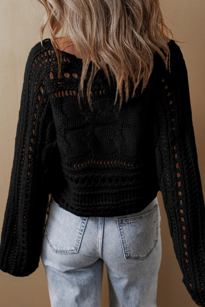 Blackish Green Hollow Out Cable Knit Cropped Sweater