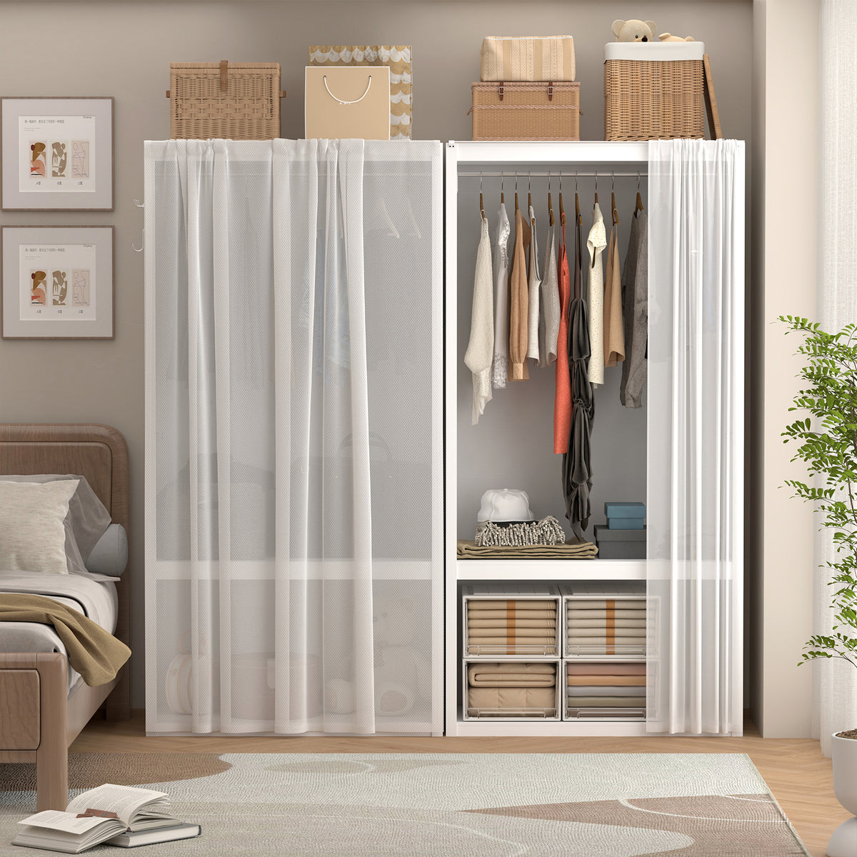 Freestanding Metal Wardrobe Closet With Sheer Curtain, Removable Hanging Rod, Middle Storage Shelf And 4 Side Hooks, Clothes Organizer For Bedroom, Dressing Room And Apartment