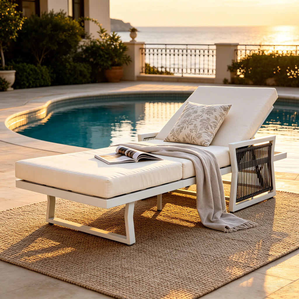 White Iron Outdoor Chaise Lounge with Black Rope Armrests, 4' Thick 3-Fold Cream Water Resistant Cushion, 5-Position Adjustable Recliner, 400 LBS Capacity for Patio Pool Backyard
