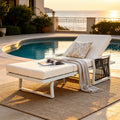 White Iron Outdoor Chaise Lounge with Black Rope Armrests, 4' Thick 3-Fold Cream Water Resistant Cushion, 5-Position Adjustable Recliner, 400 LBS Capacity for Patio Pool Backyard