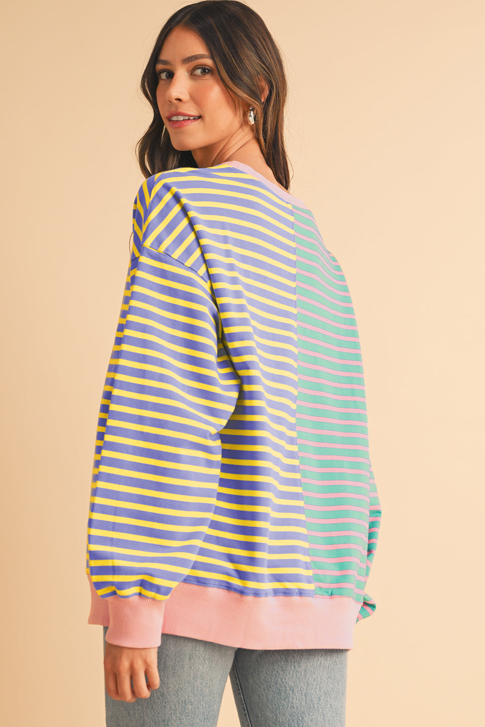 Brown Stripe Colorblock Drop Shoulder Oversize Sweatshirt