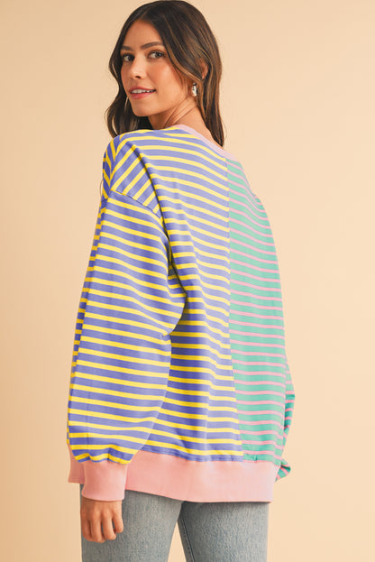 Brown Stripe Colorblock Drop Shoulder Oversize Sweatshirt