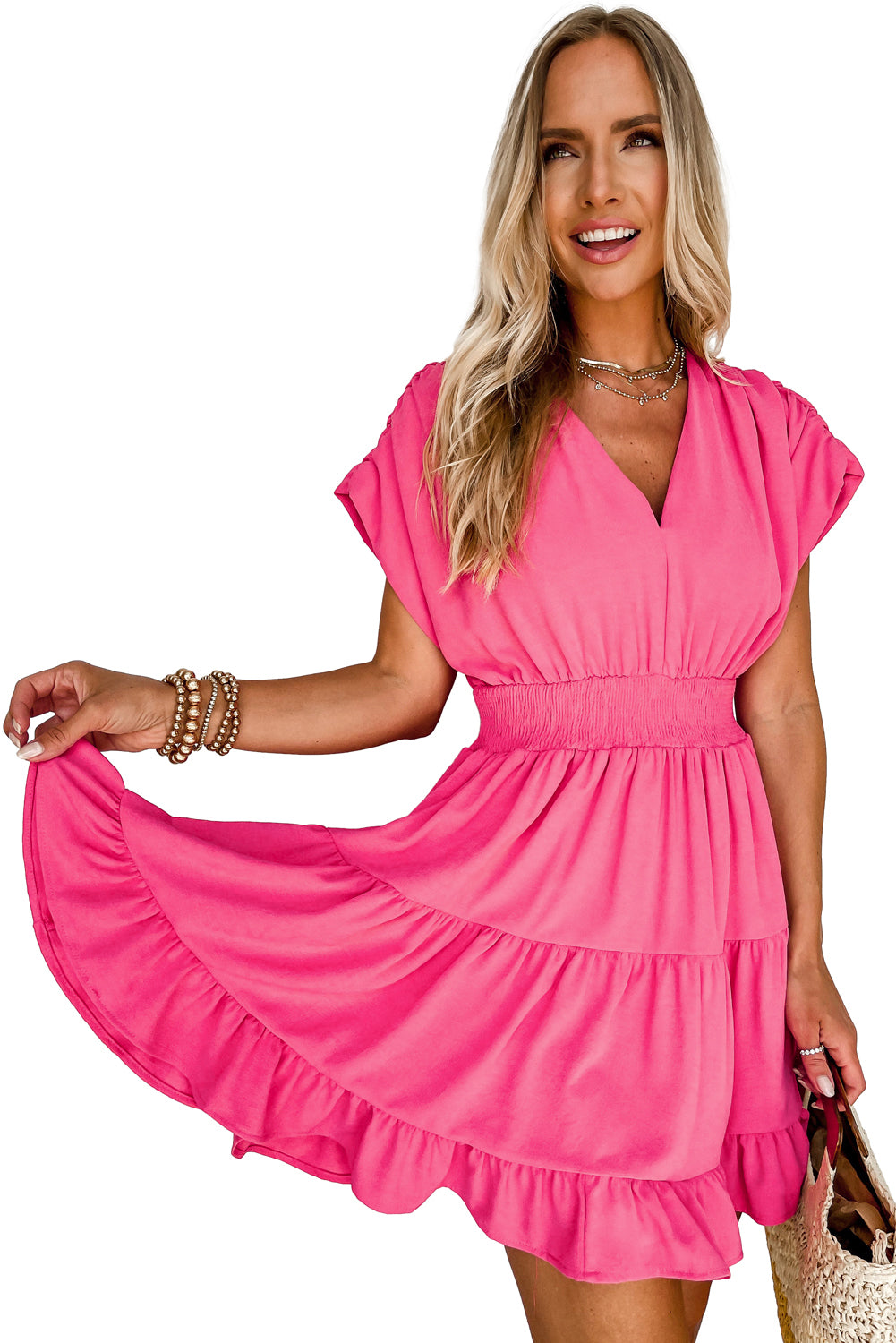 Strawberry Pink Ruched Sleeve Smocked Waist Tiered Ruffle Dress - Eloy Royal