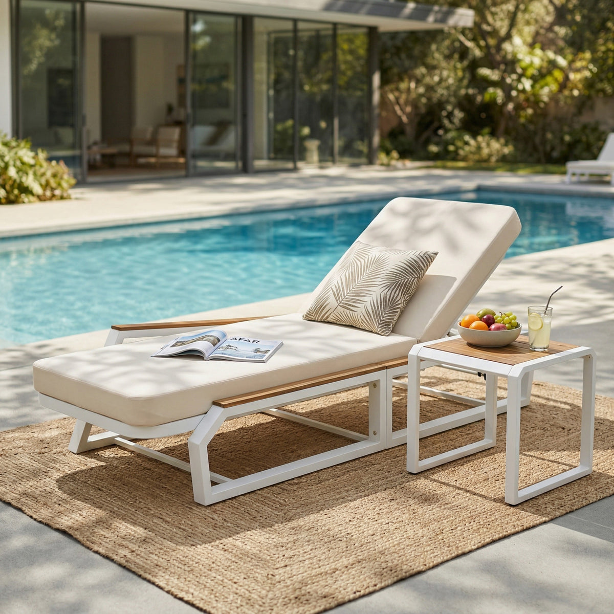 3-Piece Adjustable 5-Position Outdoor Chaise Lounge Set with Cream Cushion & Side Table, Patio Reclining Lounger with Teak Wood Accents, White Iron Frame