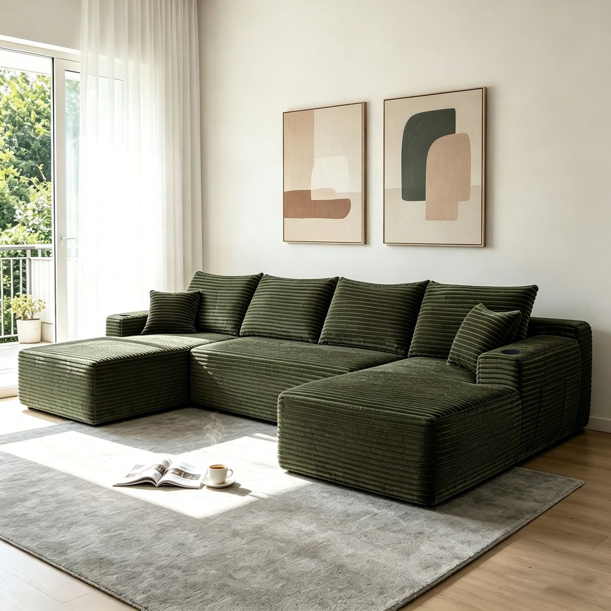 134' Cloud Sectional Sofa with U-Shape Chaise and Side Pockets and Cup holder , Modern Modular Design, Deep Seating, Upholstered Couch for Living Room/Bedroom, No Assembly Required (Plush)GREEN