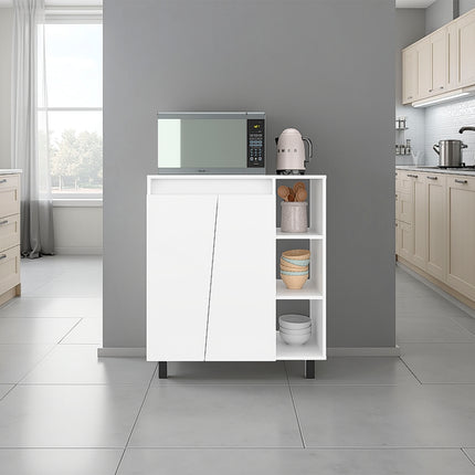 Cesna Microwave Sideboard Cabinet, Freestanding Compact Kitchen Pantry with 2-Door Cabinet Storage, 3 Side Open Shelves and, Appliance Surface, White
