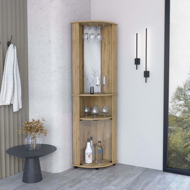 Bar-coffee corner cabinet storage 74' H, with rounded front design, 2 central shelves, 1 glass holder in the upper compartment, 1 storage with double glass door in the lower part, macadamia