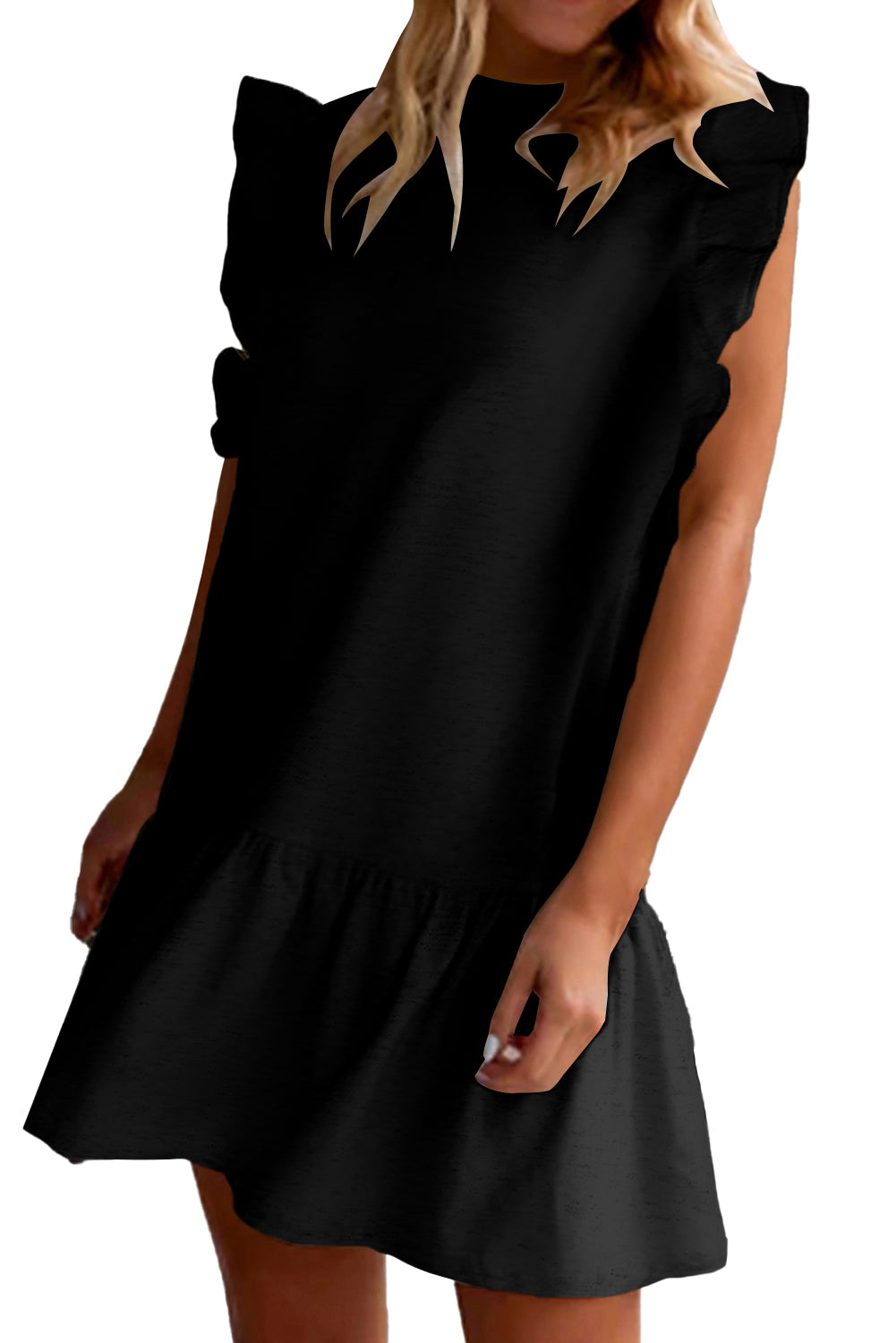 Black Solid Color Ruffle Hem Mini Sweatshirt Dress - Eloy Royal