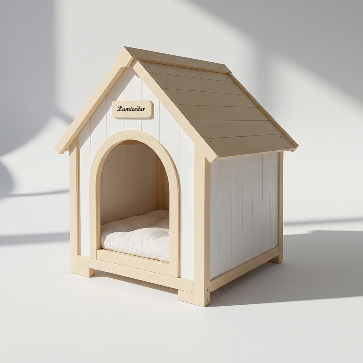 Modern Indoor Wooden Dog House with EVA Cushion – Solid Cedar Pet House for Small Dogs & Cats in Creamy White and Light Yellow