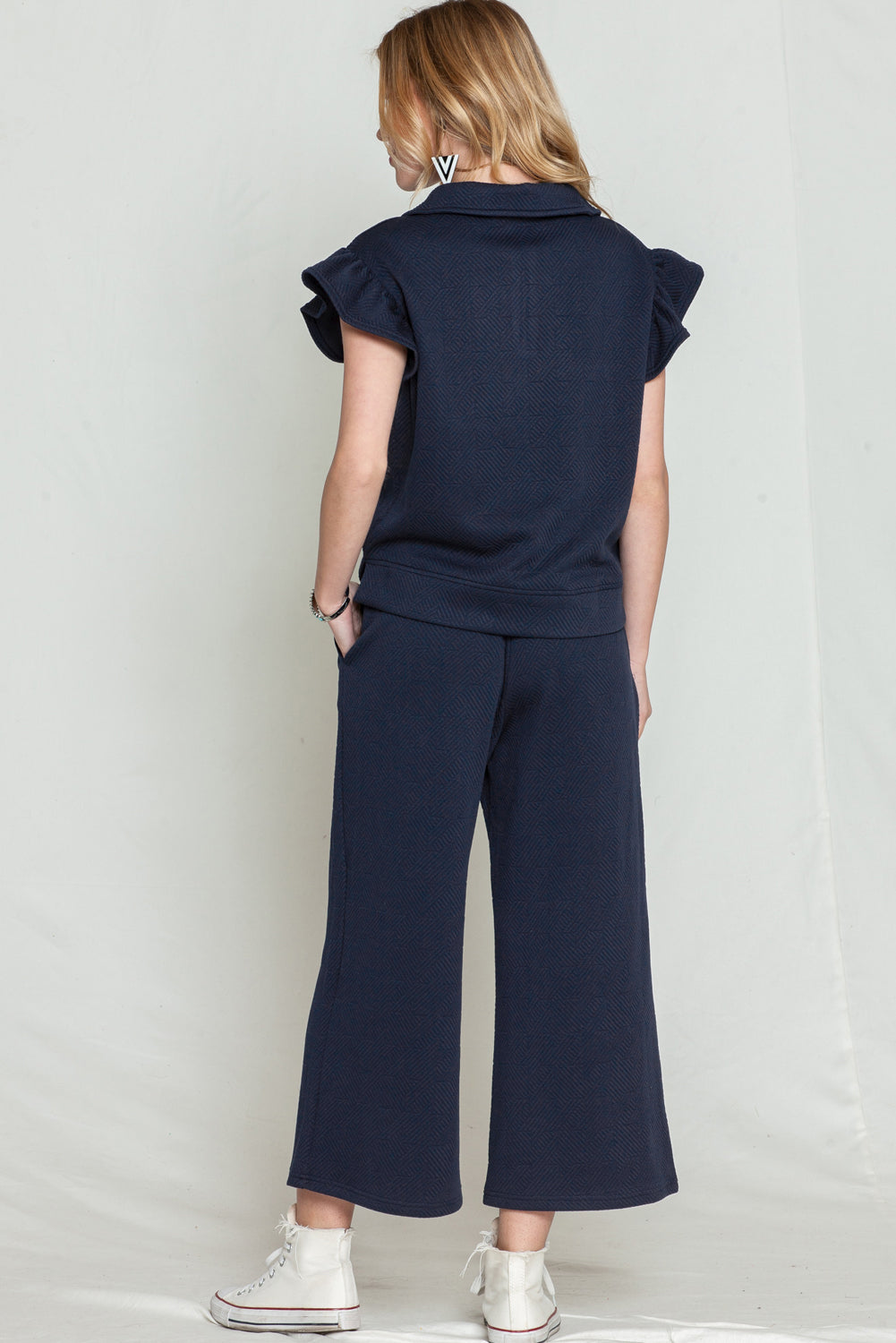 Navy Blue Textured Ruffle Cap Sleeve Top And Wide Leg Pants Set - Eloy Royal