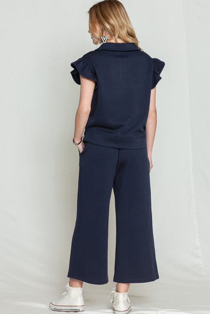 Navy Blue Textured Ruffle Cap Sleeve Top And Wide Leg Pants Set - Eloy Royal