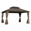 10x13FT Outdoor Gazebo, Hardtop Gazebo with Galvanized Steel Double Roof, Metal Gazebos with Drainage System Patio Pergola for Patio Deck Backyard,Curtain and Netting,Brown