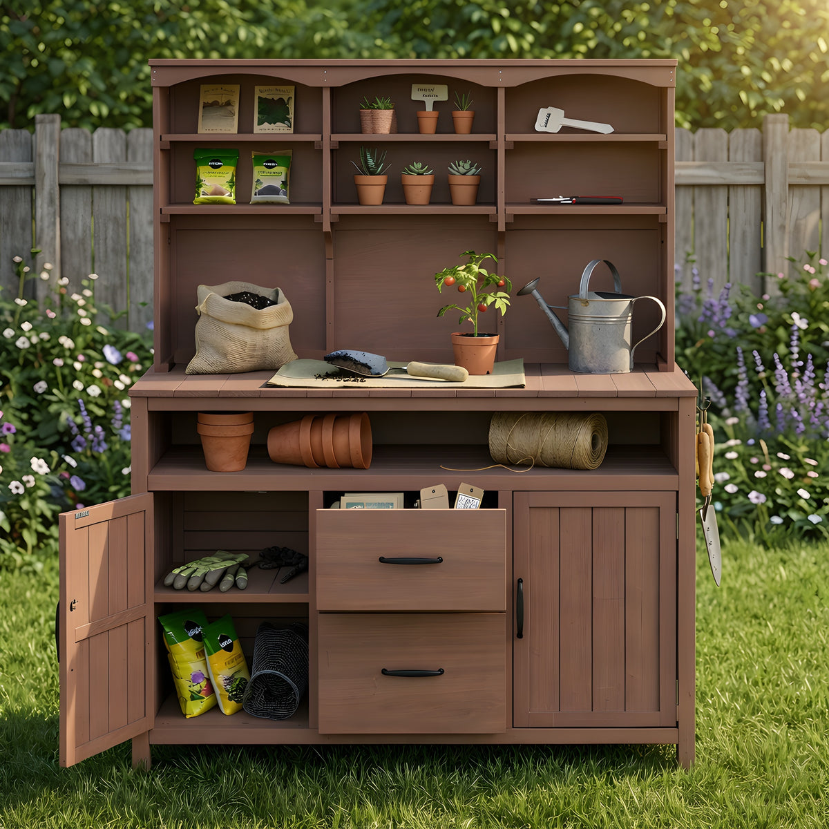 (With Assembly Video)TOPMAX Large Fir Wood Potting Bench, 45.3''L Multi-Functional Outdoor Patio Kitchen Island with Hutch, Cabinets, Drawers & Hooks , Large Countertop for Gardening, Grill, Brown
