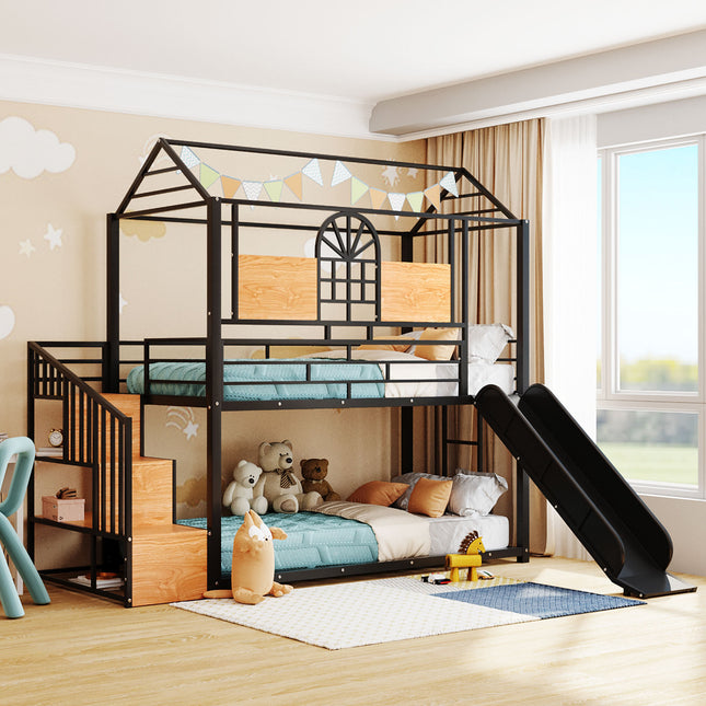 Twin Over Twin Metal Bunk Bed, Metal Housebed with Slide and Storage Stair, Black with Black Slide(OLD SKU: SF000195AAB)