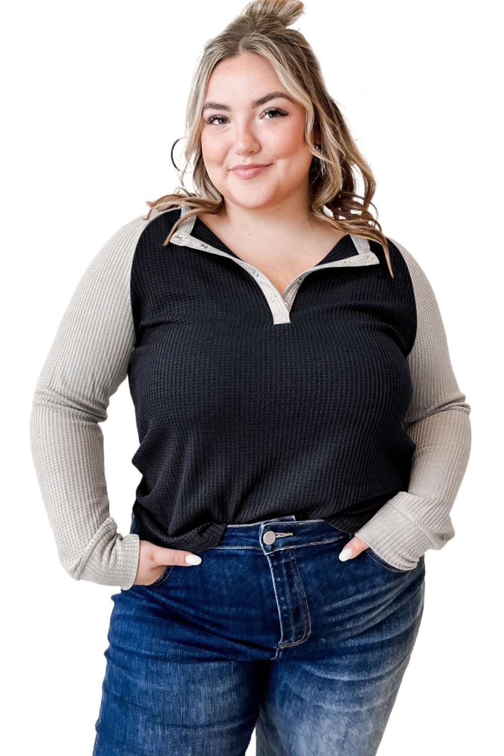 Black Plus Size Contrast Waffle Knit Henley Long Sleeve Top