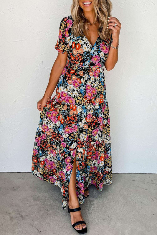 Black Boho Floral Print Deep V Tiered Maxi Dress