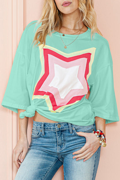 Light Pink Colorblock Star Patched Half Sleeve Oversized Tee - Eloy Royal