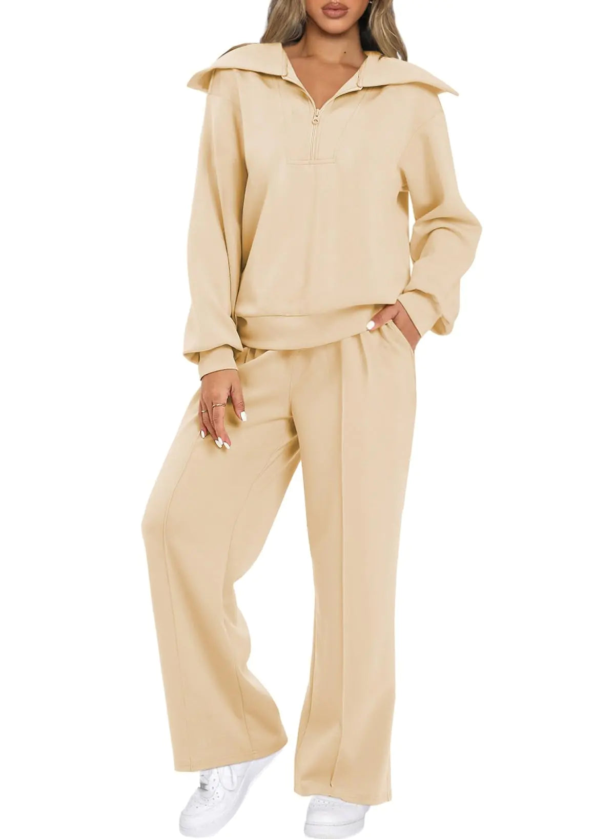 Aleumdr Womens 2 Piece Outfits Sweatsuits Wide Leg Sweatpant Lounge Matching Sets Womens Lounge Set Half Zip Sweatshirt Oversized Pullover Tracksuit 2024 Fall Travel Clothing Set Beige