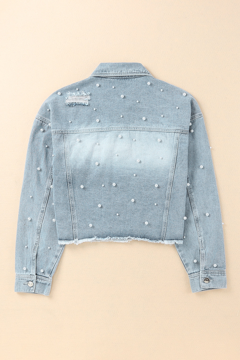 Wholesale Sky Blue Pearls Beading Cropped Denim Jacket - Eloy Royal