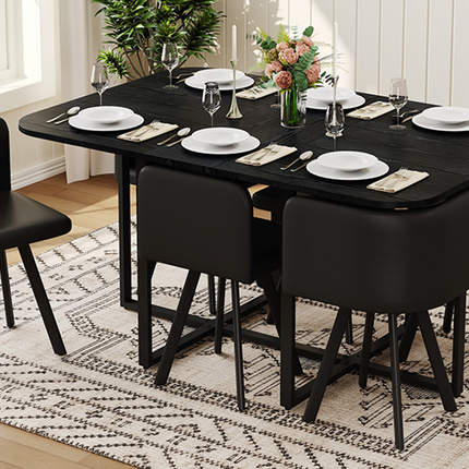 7-Piece Black Wood Grain Dining Table Set with 6 Black PU Chairs, Fixed Triamine Tabletop Modern Kitchen Table Set for 6 People, Ideal for Small Spaces, Apartment, Dining Room