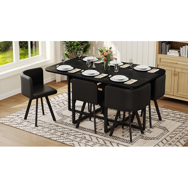 7-Piece Black Wood Grain Dining Table Set with 6 Black PU Chairs, Fixed Triamine Tabletop Modern Kitchen Table Set for 6 People, Ideal for Small Spaces, Apartment, Dining Room
