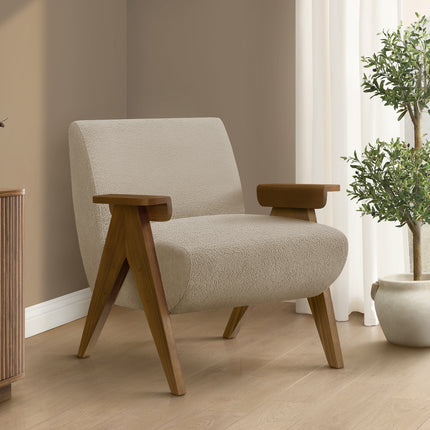 Accent Chair, 31'h, Upholstered, Living Room, Bedroom, Beige Fabric, Brown Walnut Solid Wood, Modern, Mid Century