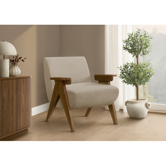 Accent Chair, 31'h, Upholstered, Living Room, Bedroom, Beige Fabric, Brown Walnut Solid Wood, Modern, Mid Century