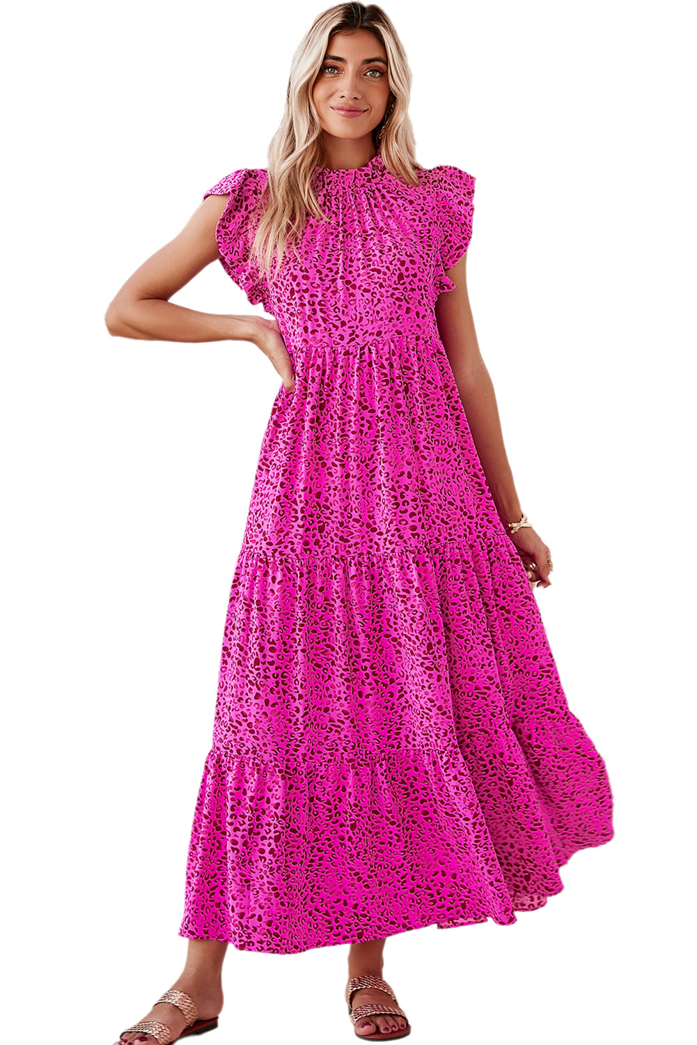 Rose Red Leopard Print Ruffle Sleeveless Maxi Dress - Eloy Royal