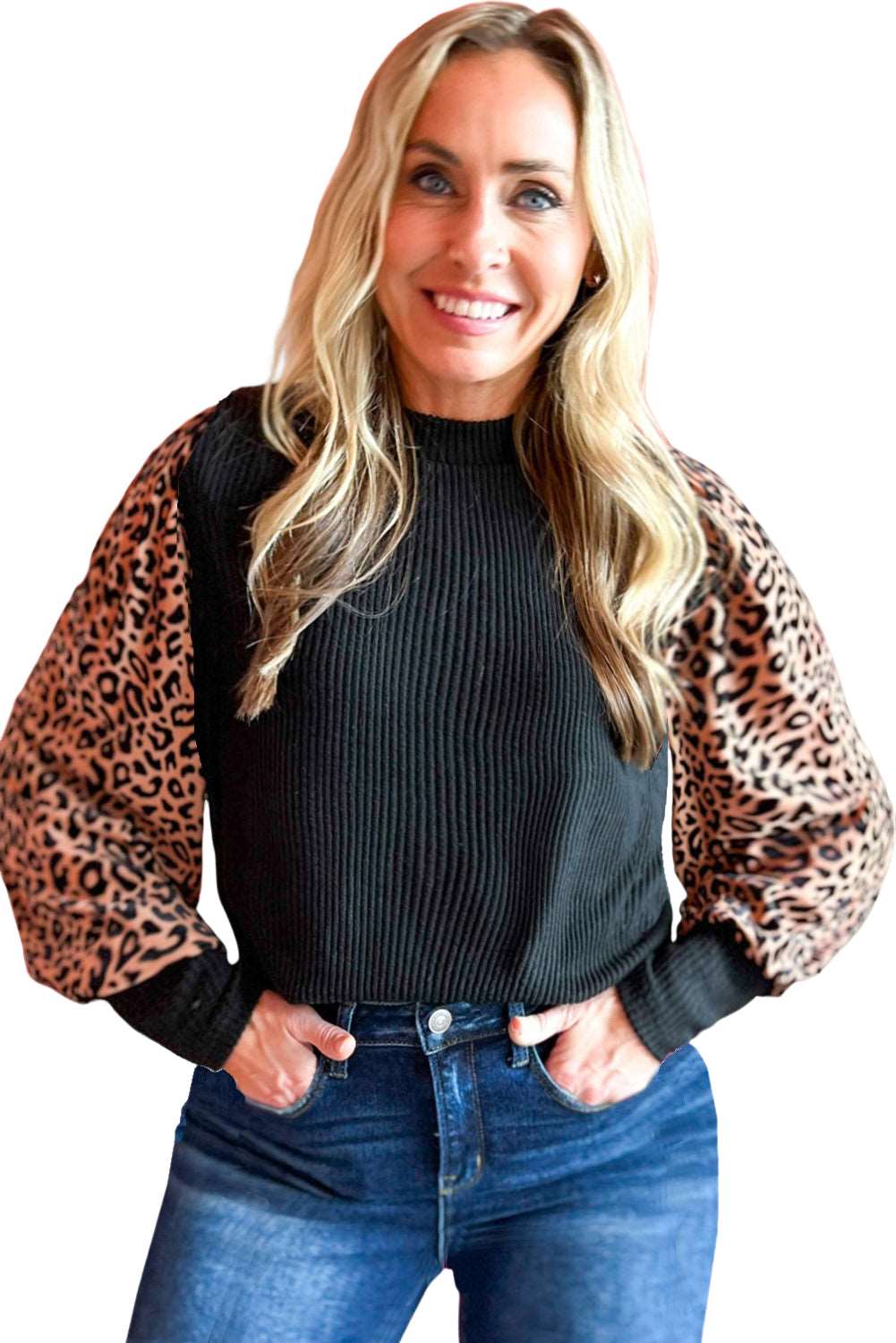 Black Plus Size Leopard Patchwork Mock Neck Top