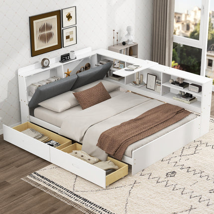 Wood Full Size platform bed with Storage Headboard