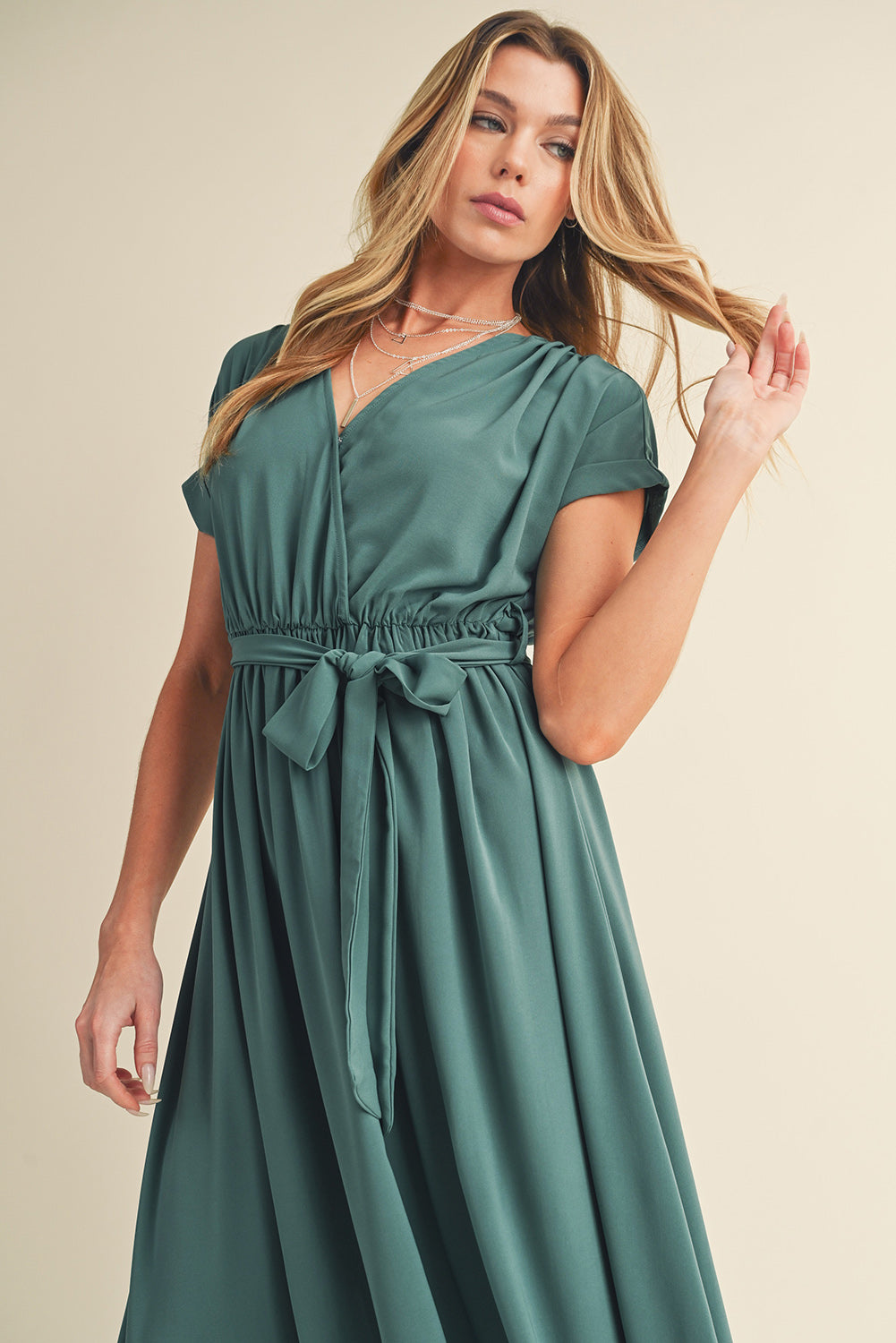 Wholesale Green Wrap V Neck Belted Pleated Maxi Dress - Eloy Royal