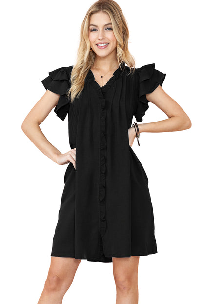 Black Ruffle Sleeve V Neck Frilled Shift Dress - Eloy Royal