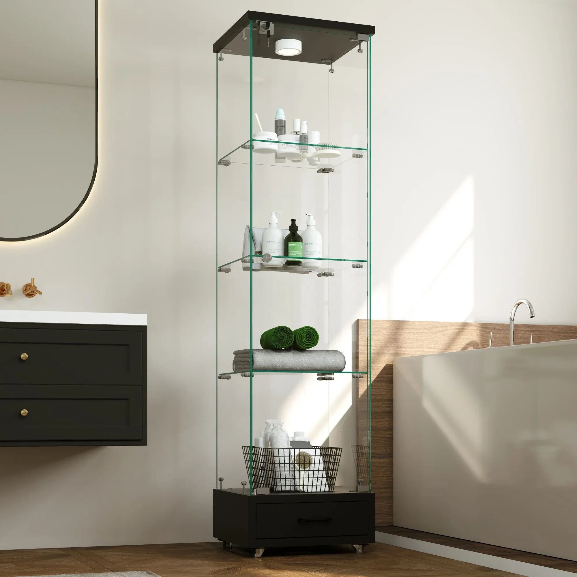 Modern Glass Display Cabinet with Drawer , Quick-assembly Antique Cabinet with LED lights, Tempered Glass Bookshelf, 1-Door Storage Case with 4 Shelves for Living Room and Bedroom, black - Eloy Royal