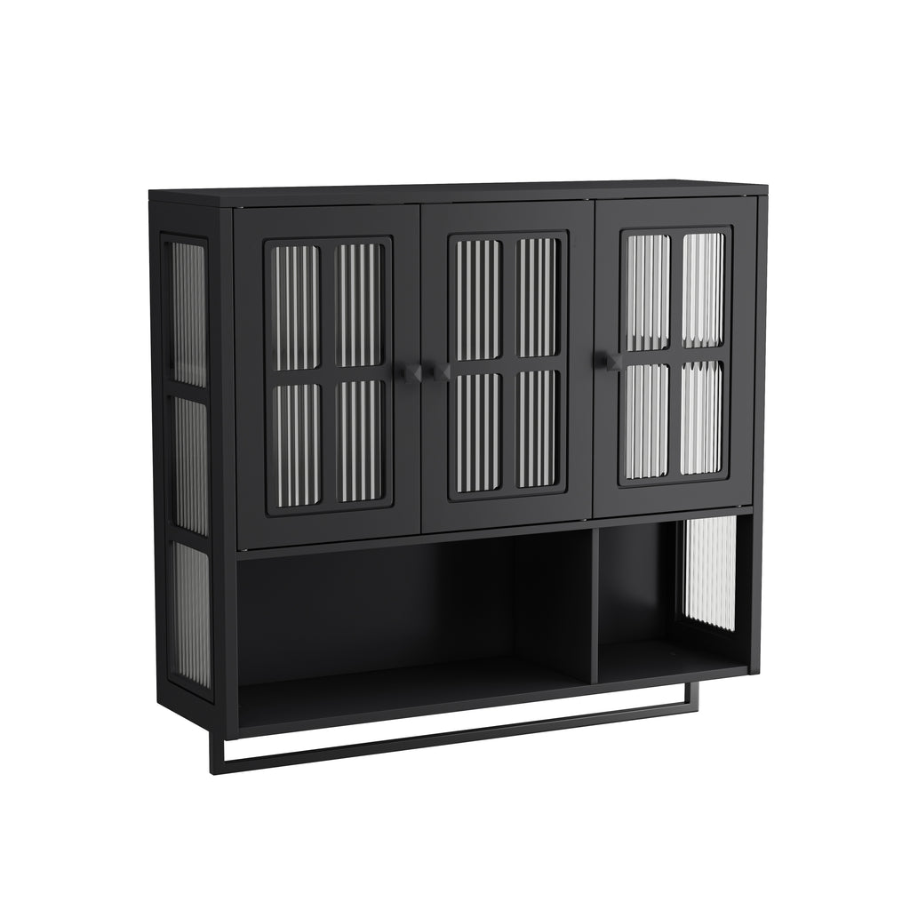 Modern Black 3-Door Wall Cabinet with Glass Door and Towel Bar, MDF & Tempered Glass, 34.65L x 10.24W x 32.48H inches